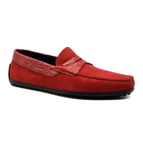 31-160-RED MONZA Sueded Calfskin with Crocodile Driver, Red