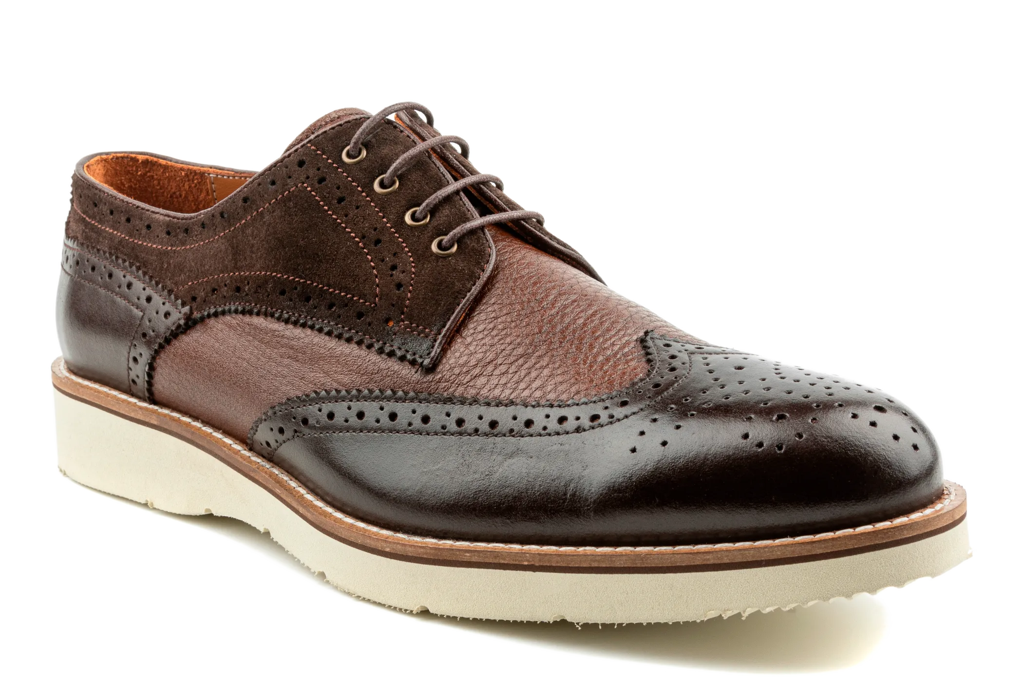 Ali Full Grain Pebbled and Suede Leather Combination Men's Derby Shoes, Wingtip Brogue Derby Brown Dress Sneakers