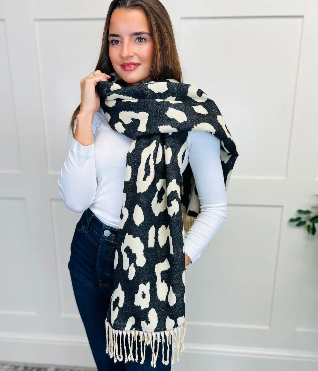 Black Leopard Print Cashmere Blend Scarf