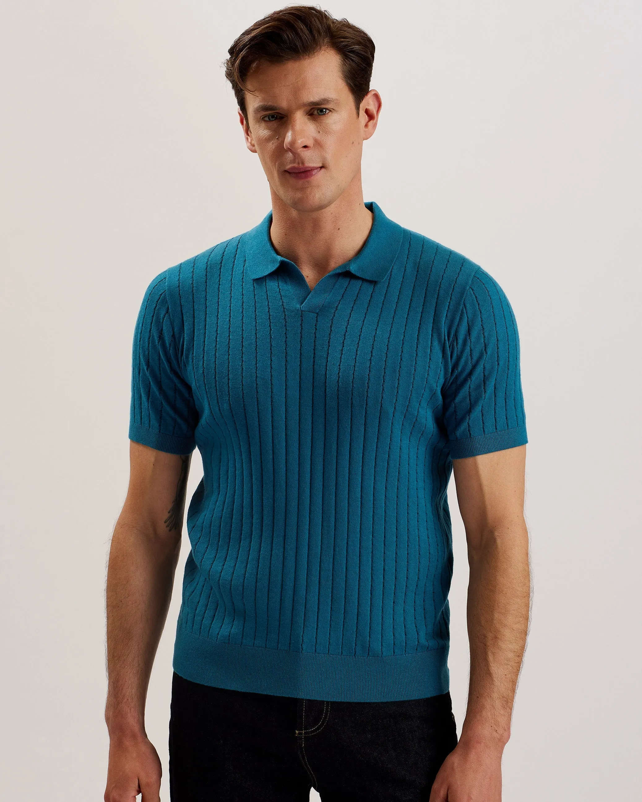 Botany Short Sleeve Open Collar Polo Shirt Teal-Blue