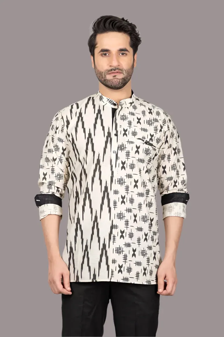 Cream And Black Printed Short Kurta