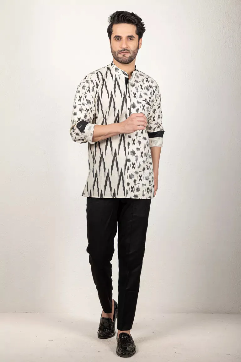 Cream And Black Printed Short Kurta