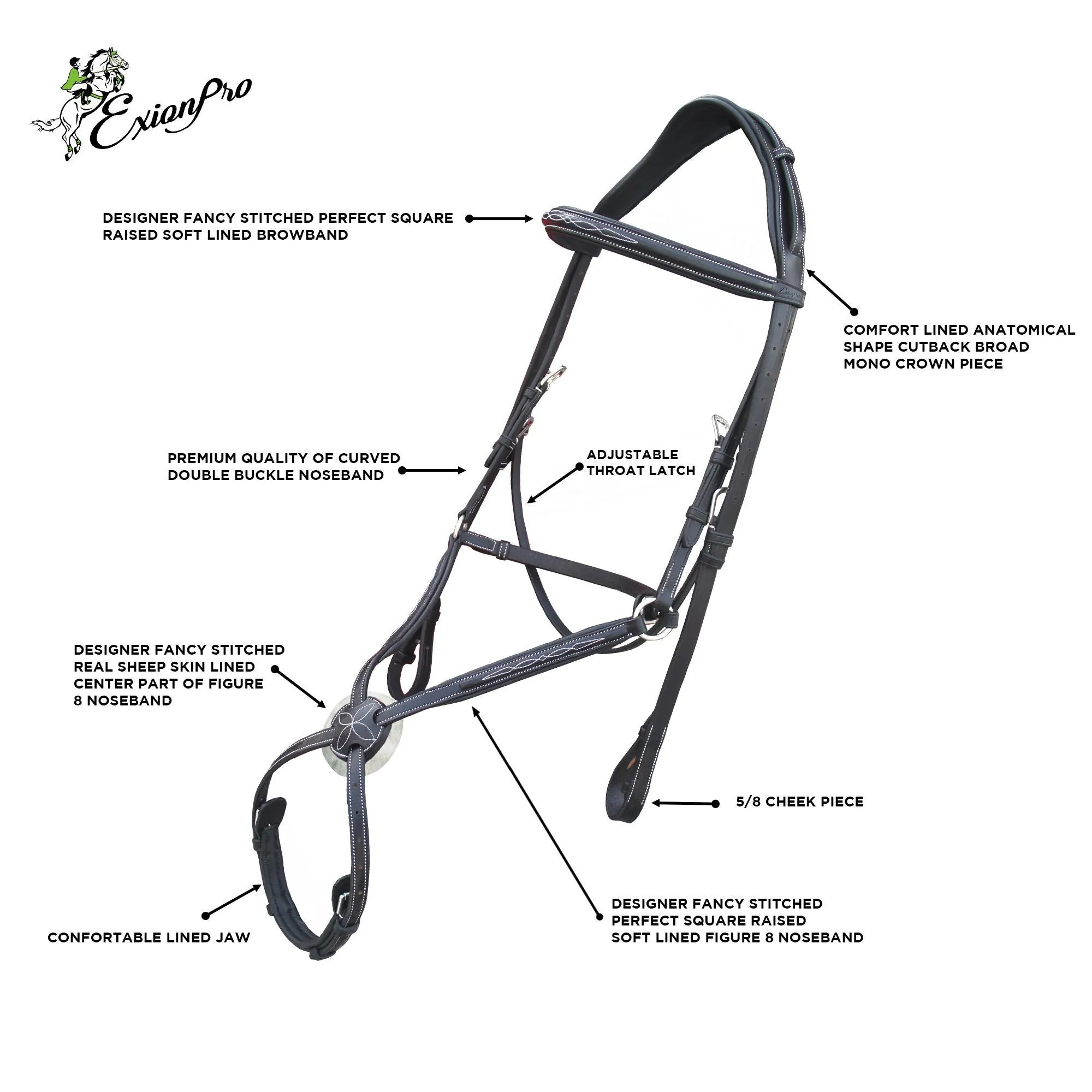 ExionPro Monocrown Crown Piece Adjustable Designer Figure 8 Bridle with Reins