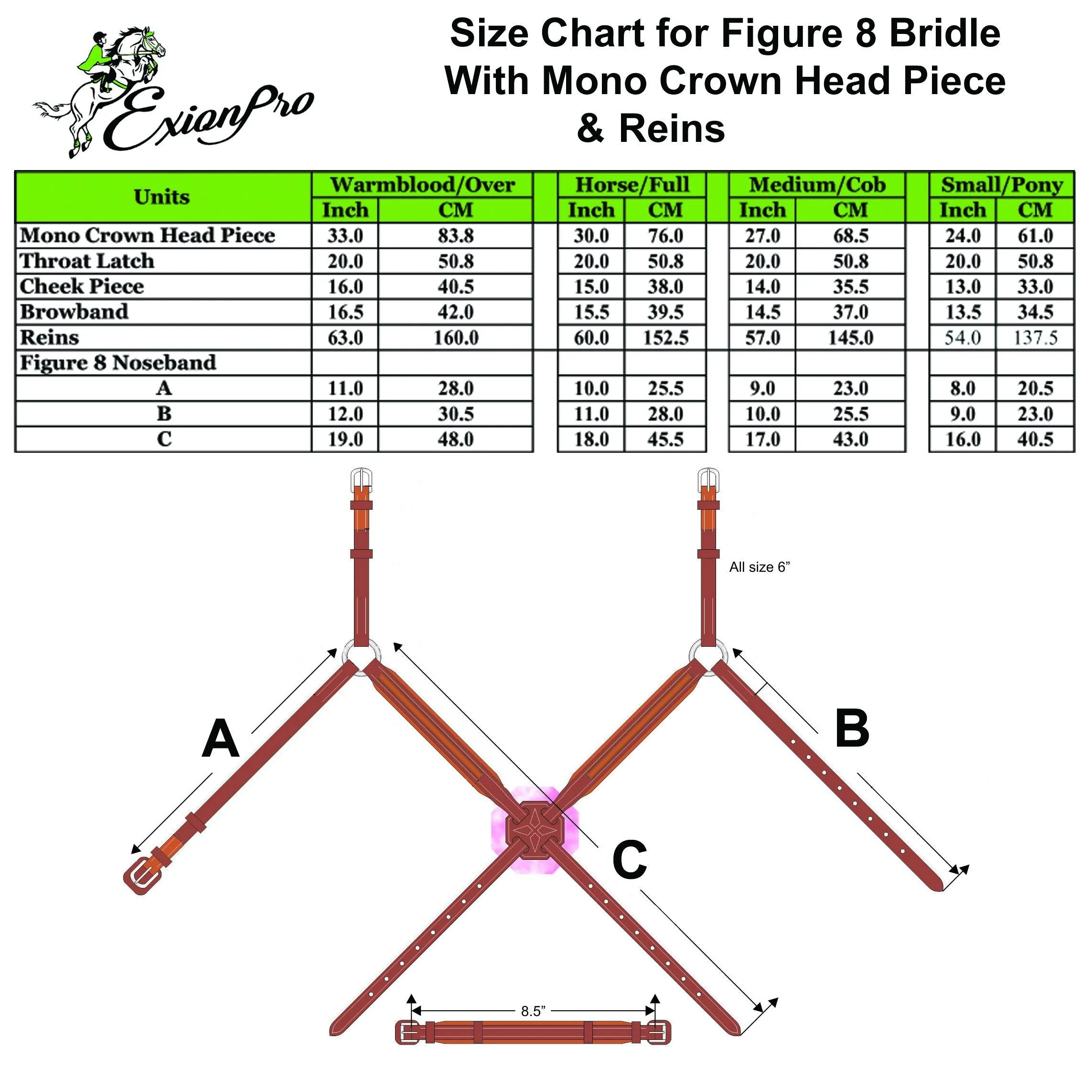 ExionPro Monocrown Crown Piece Adjustable Designer Figure 8 Bridle with Reins