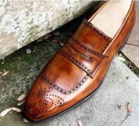 Handmade Men's Brown Leather Brogue Toe Penny Loafer Shoes, Men Designer Dress Formal Luxury Shoes