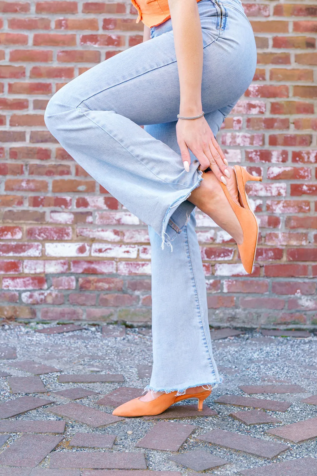 Peach Fuzz Suede Slingback Kitten Heel