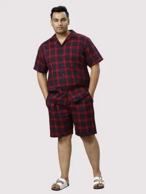 Red and Black Checks Printed Half Co-ords Set Men's Plus Size