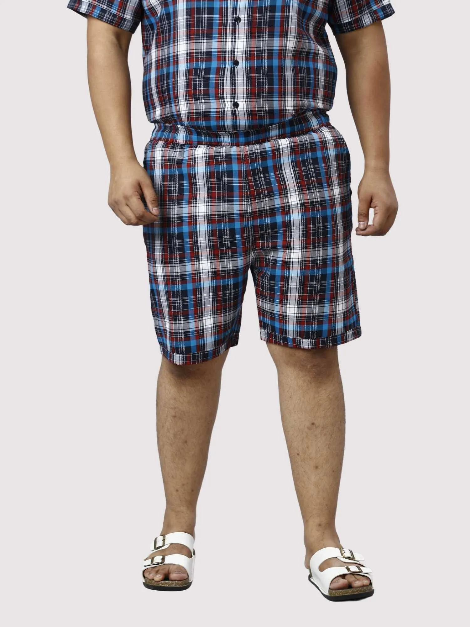 Red and Blue Checks Printed Half Co-ords Set Men's Plus Size