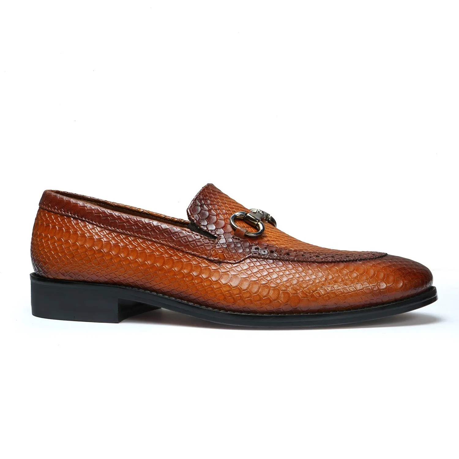 Snake Skin Textured Loafer with Horse-Bit Buckle Detailing