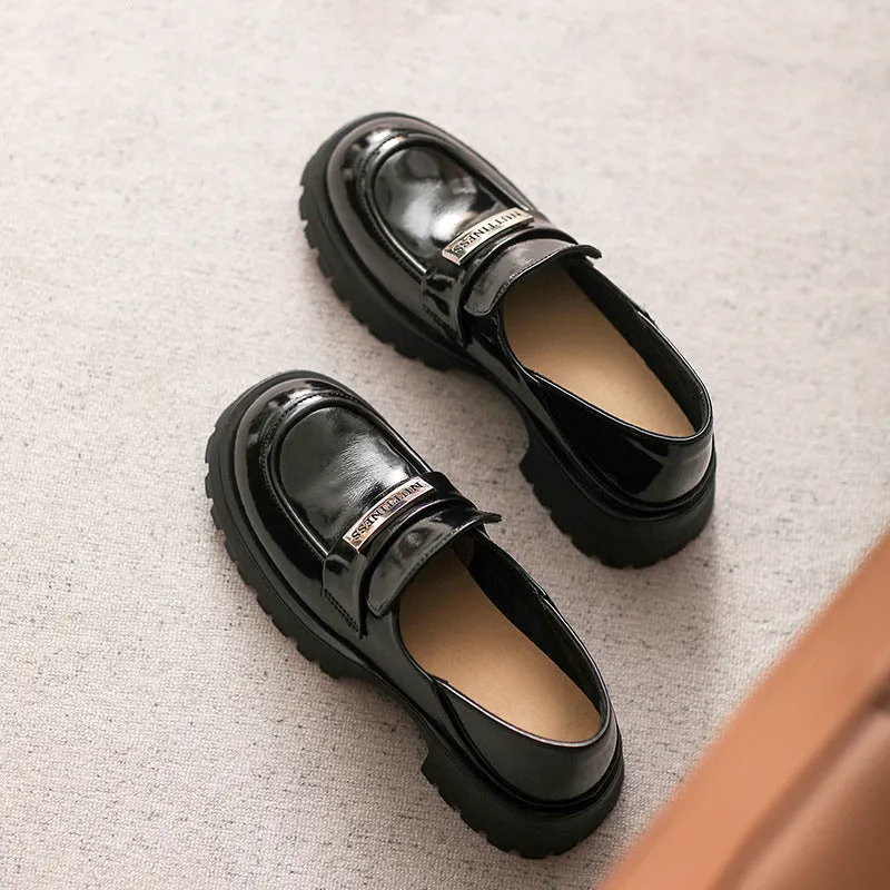 Women Retro Glossy Leather Thick Soled Casual Loafers