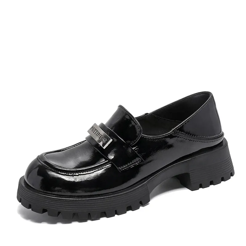 Women Retro Glossy Leather Thick Soled Casual Loafers