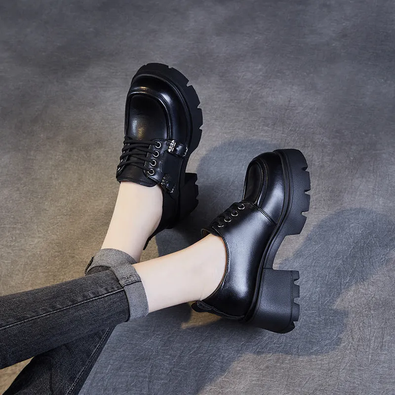 Women Retro Leather Chunky Heel Platform Loafers