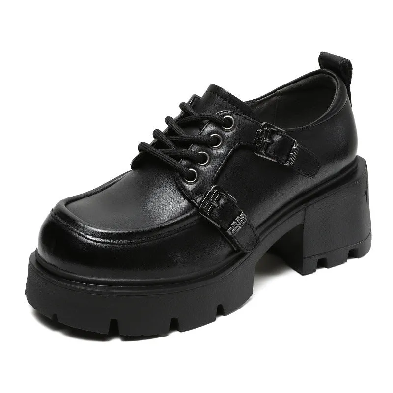 Women Retro Leather Chunky Heel Platform Loafers